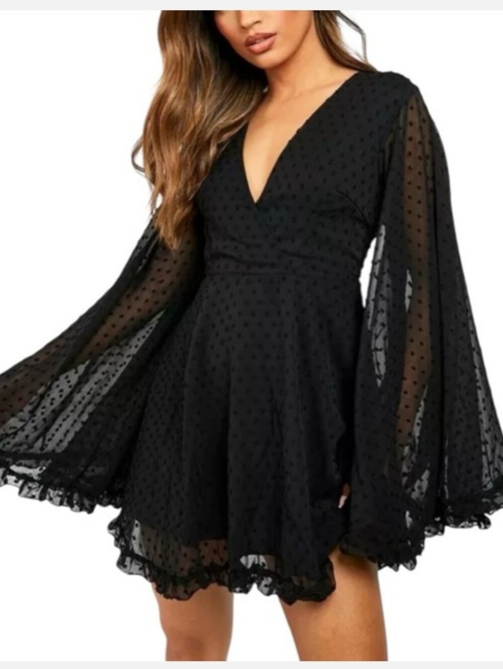 Boohoo Black V-Neck Swiss Dot Mini Dress with Sheer Bell Sleeves